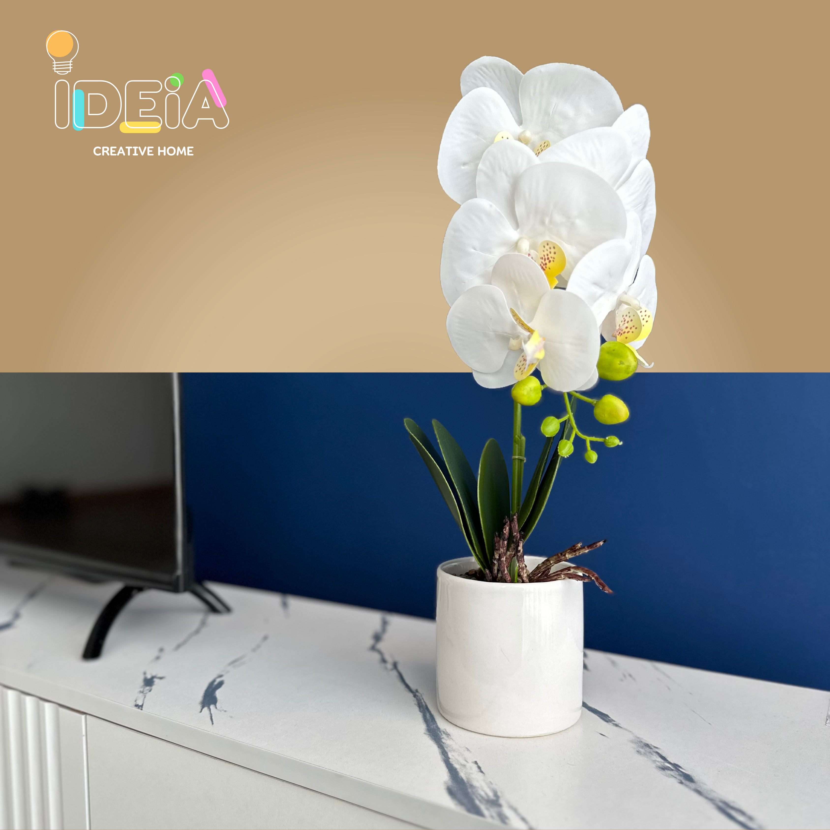 Orquídea artificial com vaso branco